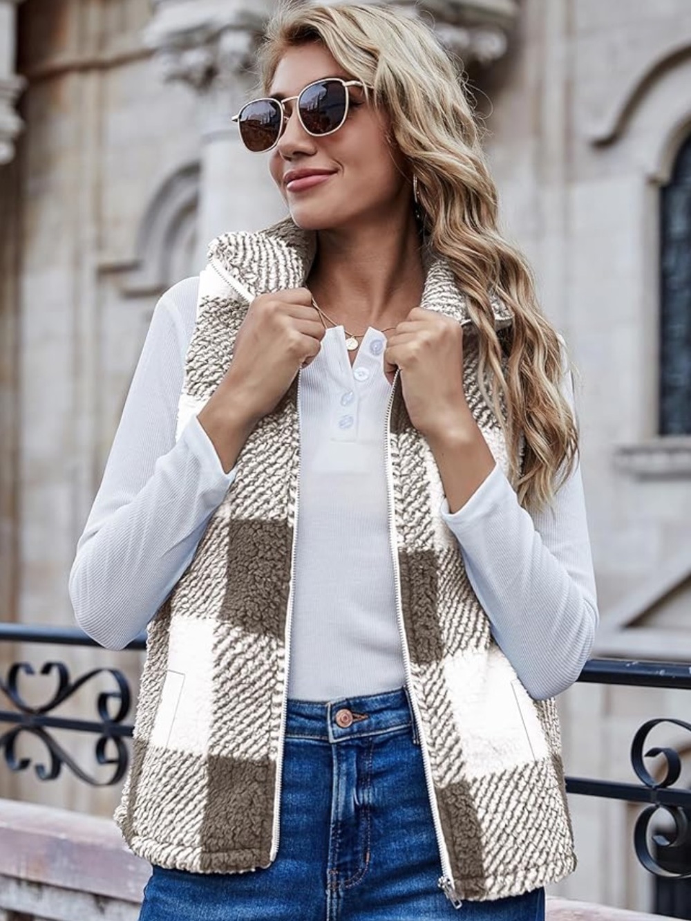 Lomon Sherpa Fleece lightweight Plaid Vest